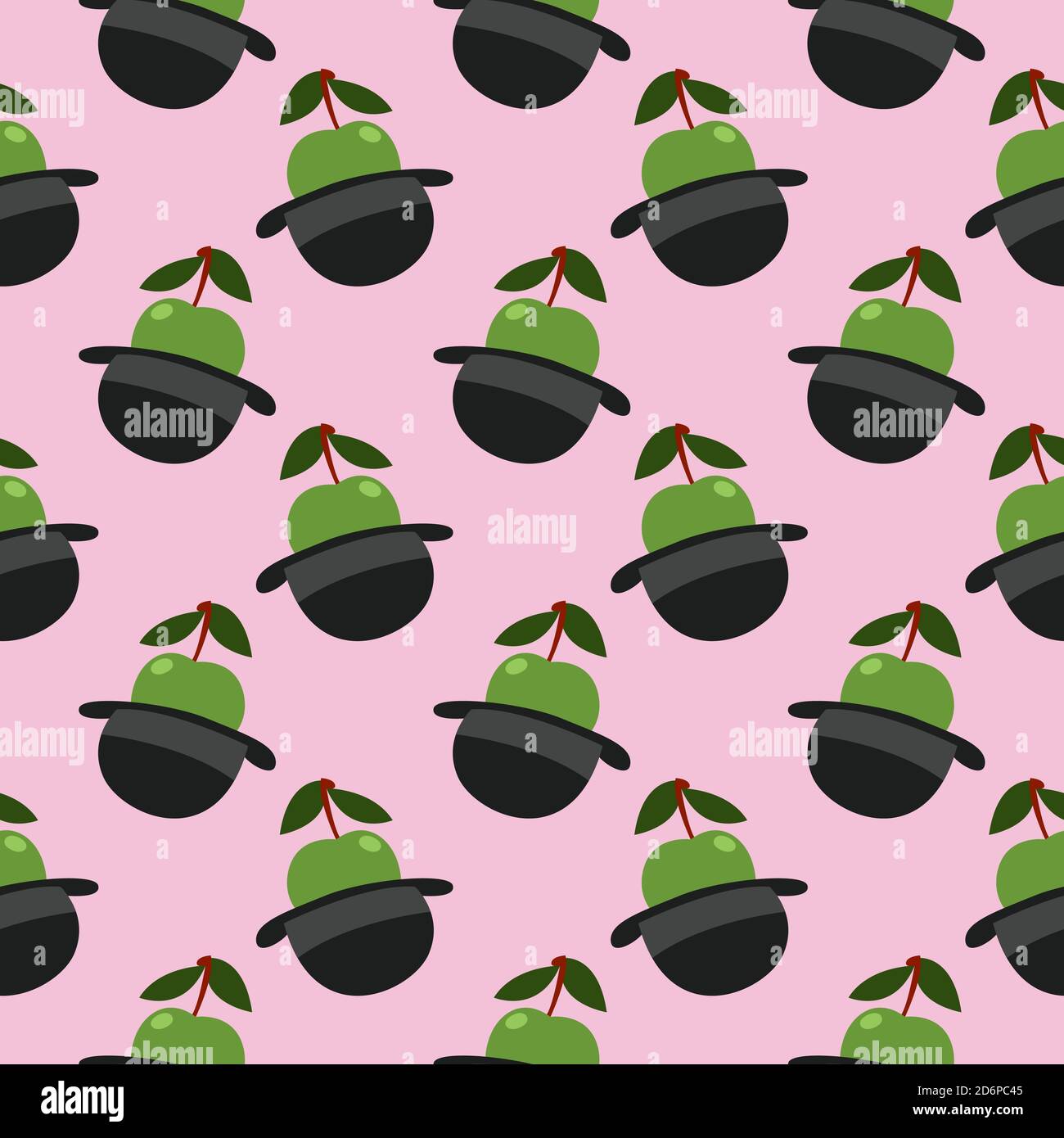 Apple in a hat,seamless pattern on pink background. Stock Vector