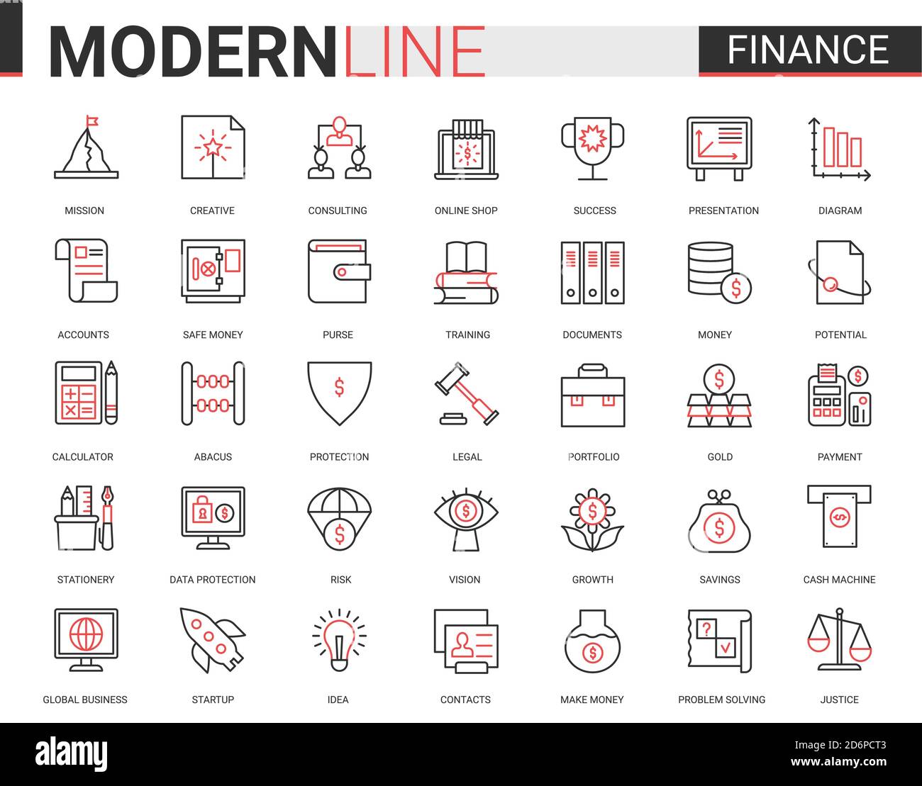 Finance flat thin red black line icon vector illustration set with outline financial business symbols collection of commerce analysis technology, economic data consulting and analyzing bank account. Stock Vector