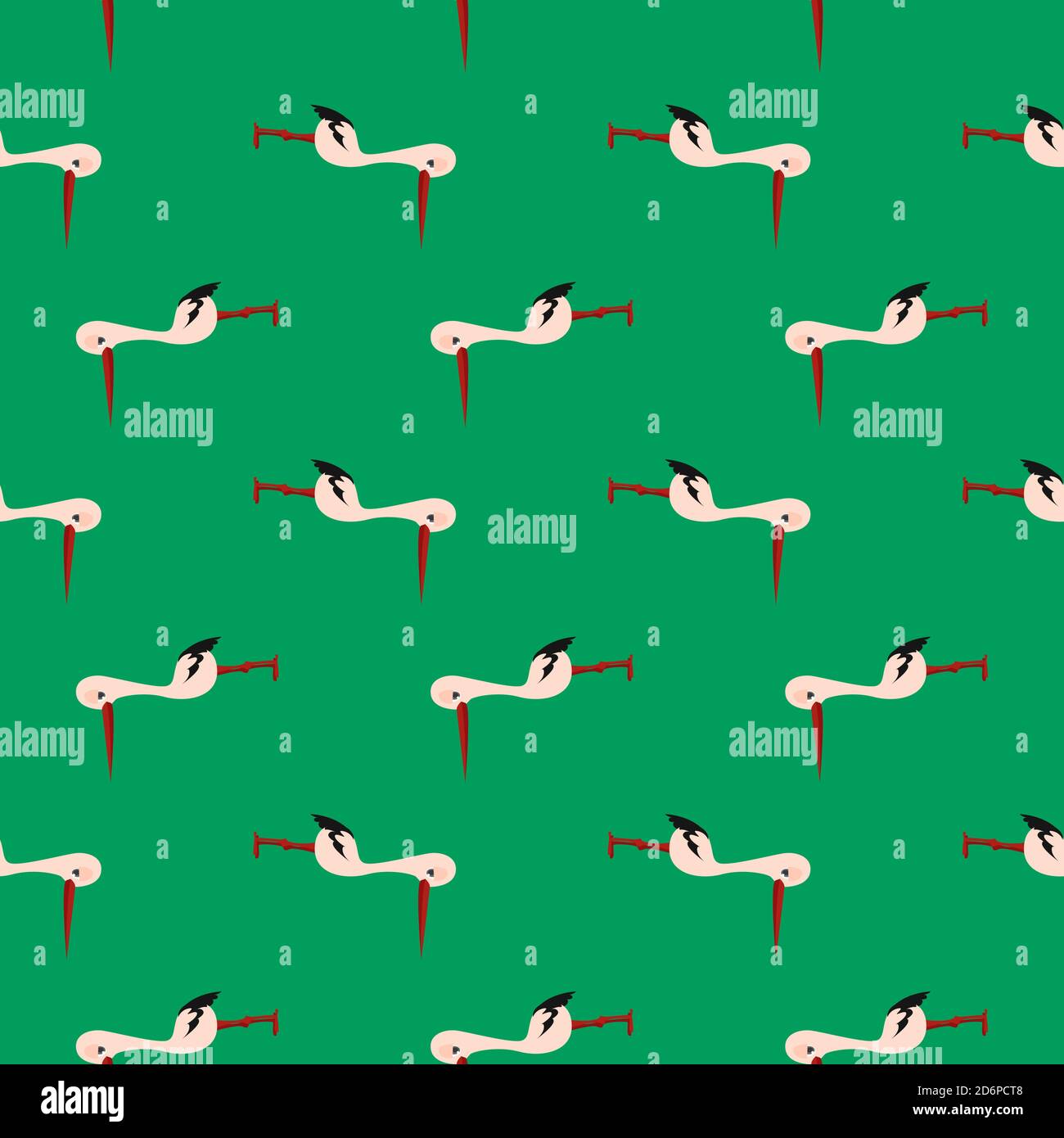 Small stork bird,seamless pattern on green background. Stock Vector