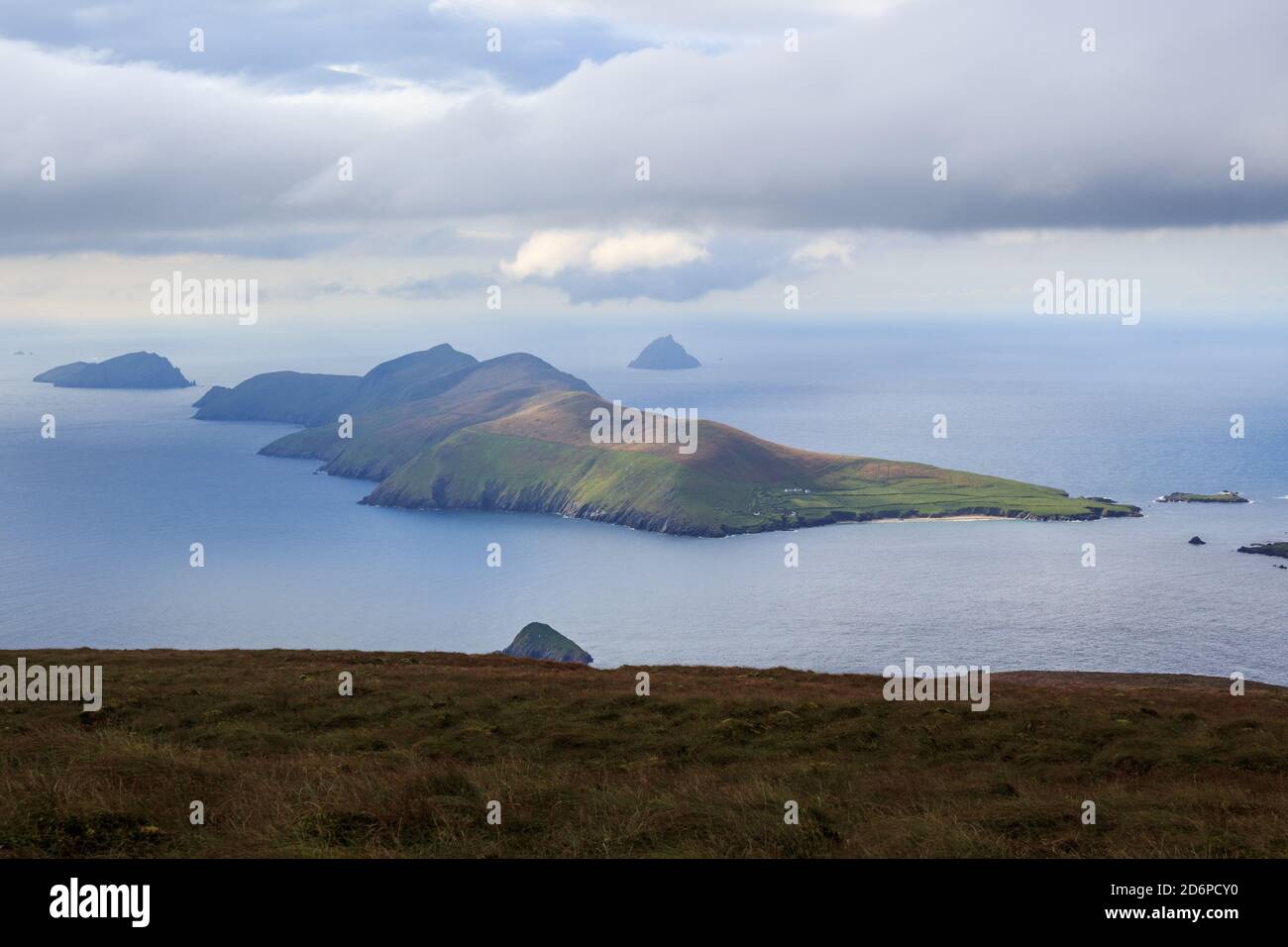 The Great Blasket Island viewed from Mount Eagle (Sliabh an Iolair) on the Dingle Peninsula along the Wild Atlantic Way in Ireland Stock Photo