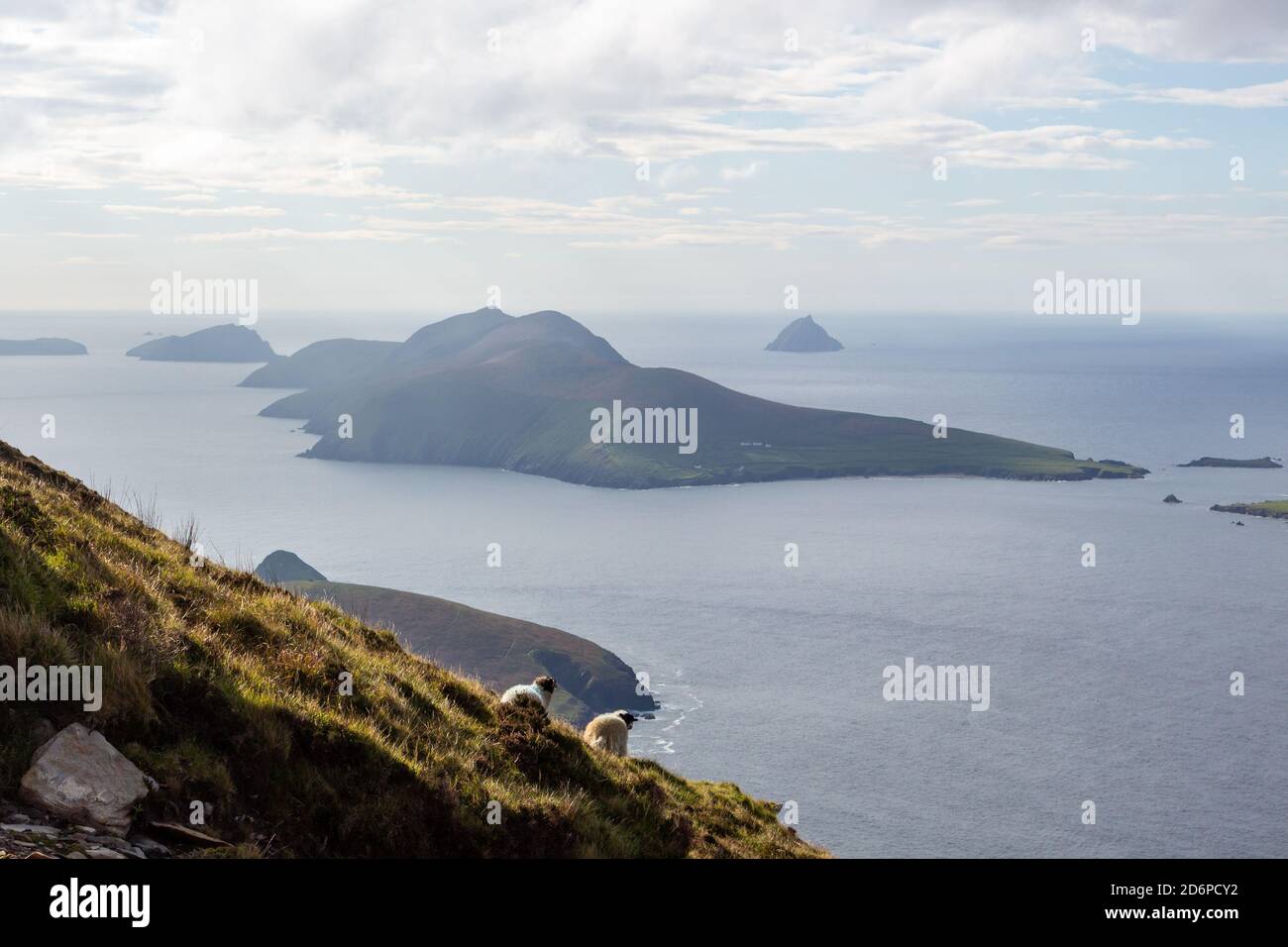 The Great Blasket Island viewed from the slopes of Mount Eagle (Sliabh an Iolair) on the Dingle Peninsula along the Wild Atlantic Way in Ireland Stock Photo