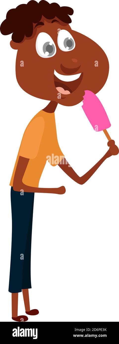 Boy eating ice cream, illustration, vector on white background. Stock Vector