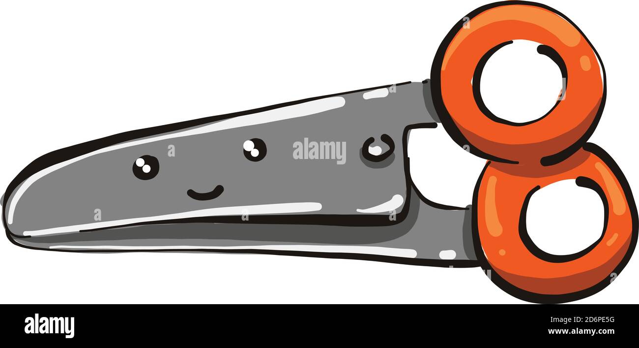 Orange scissors with eyes, illustration, vector on white background. Stock Vector
