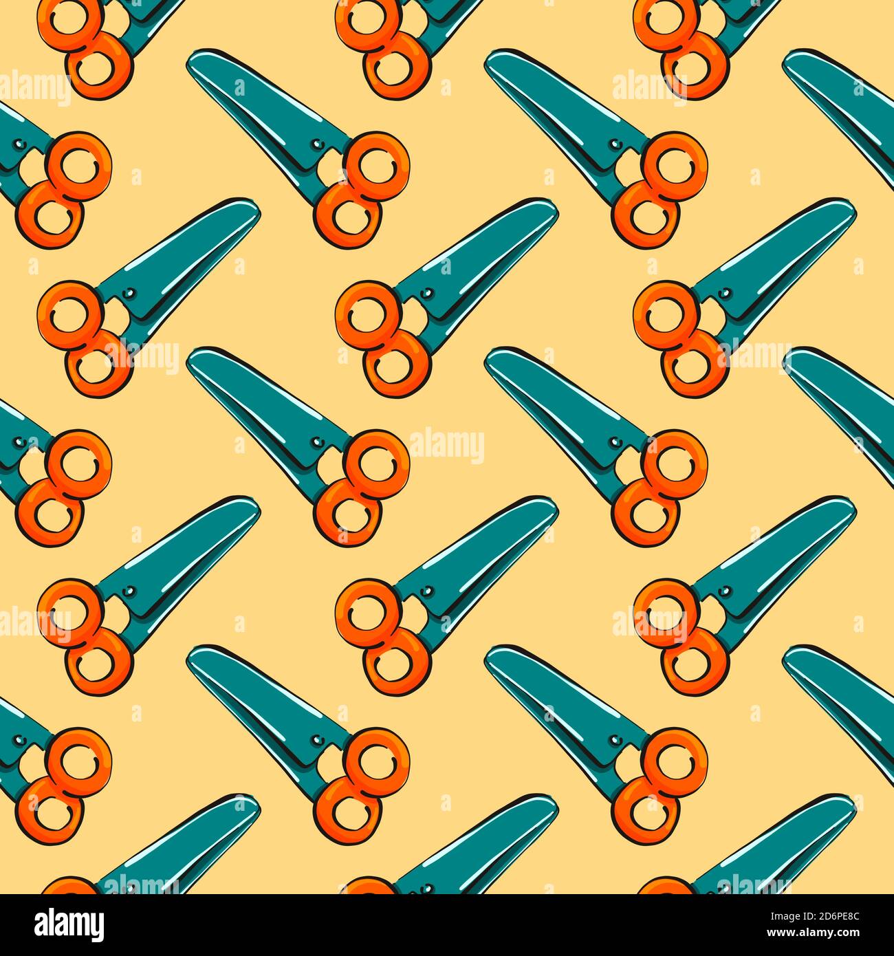 Orange scissors,seamless pattern on yellow background. Stock Vector