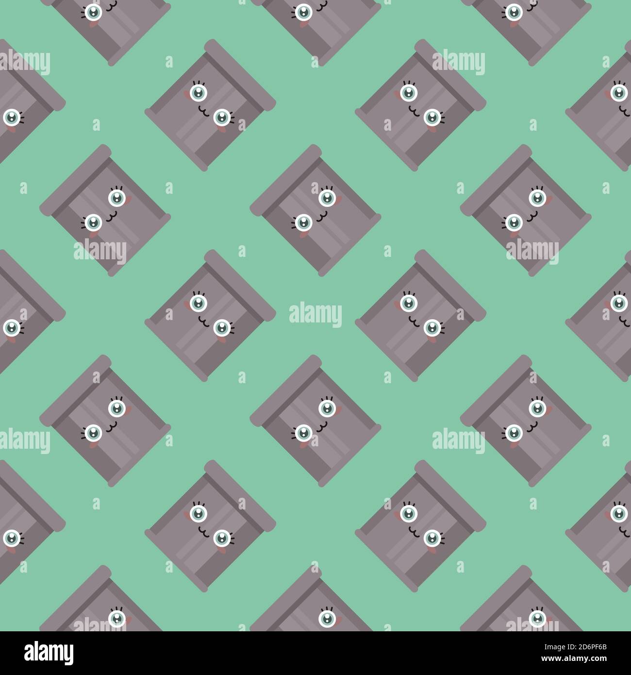 Trash can with eyes,seamless pattern on mint green background. Stock Vector