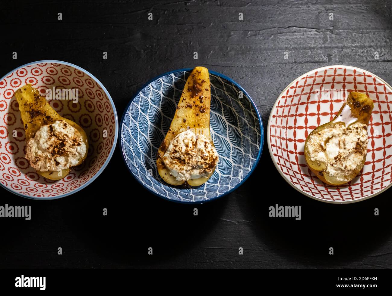 Baked pears with cottage cheese, sour cream and cocoa powder and