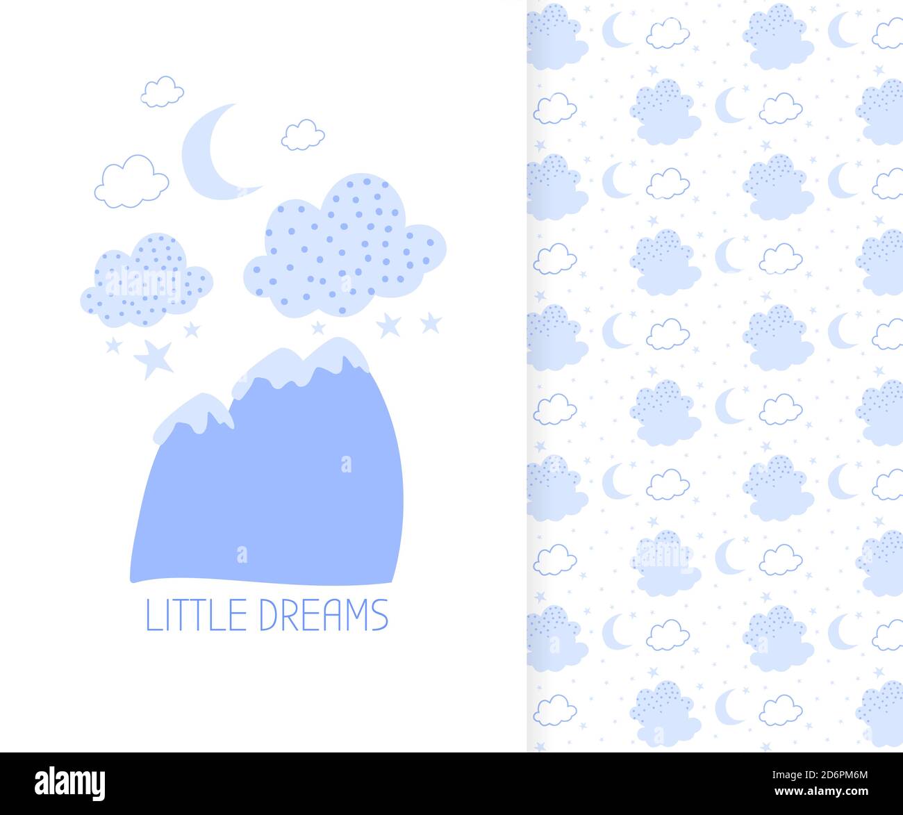 Kids banner. Cute blue doodle cloud seamless pattern. Pastel tileable background of hand drawn clouds with circle spot, moon. Great for fabric, paper print, wallpaper decor or book Vector illustration Stock Vector