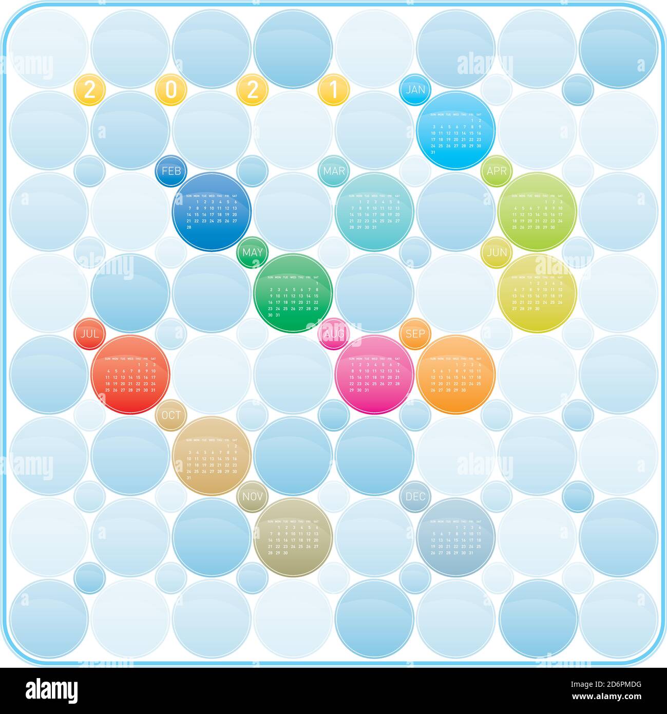 Colorful Circles Calendar for Year 2021, in vectors Stock Vector