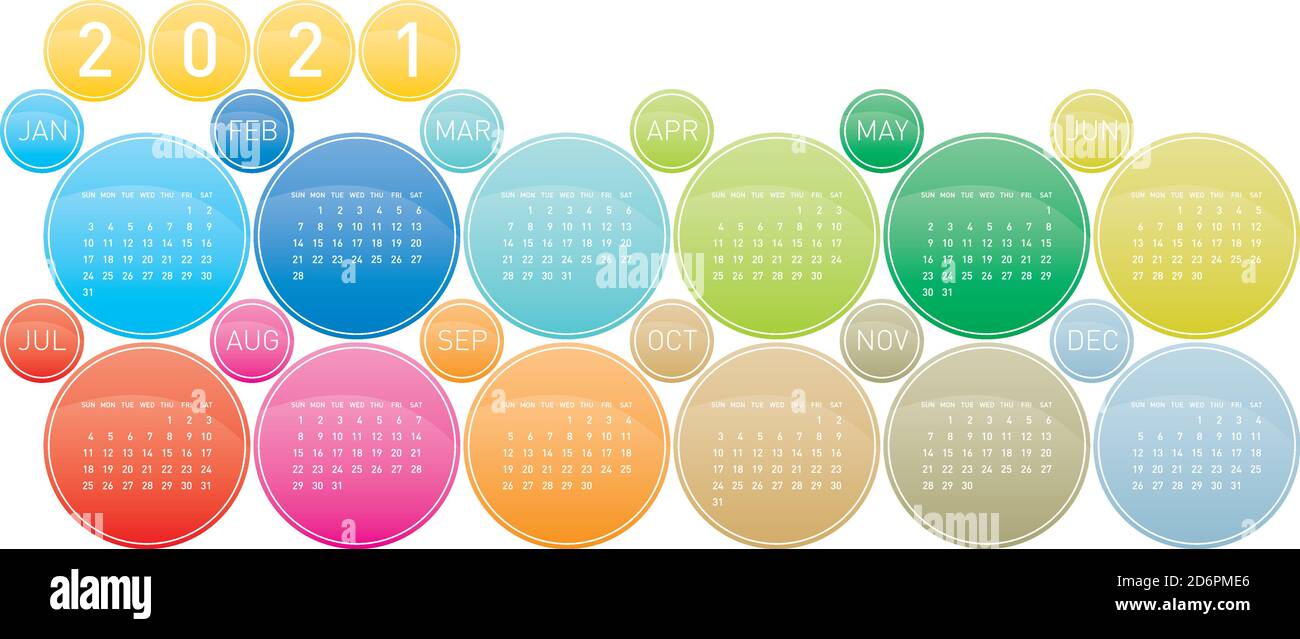 Colorful Circles Calendar for Year 2021, in vectors Stock Vector