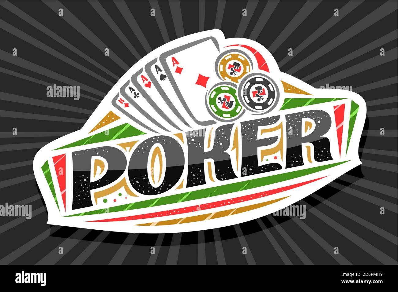 Vector logo for Poker Gamble, white modern badge with illustration of playing cards and chips, unique lettering for black word poker, gamble sign boar Stock Vector