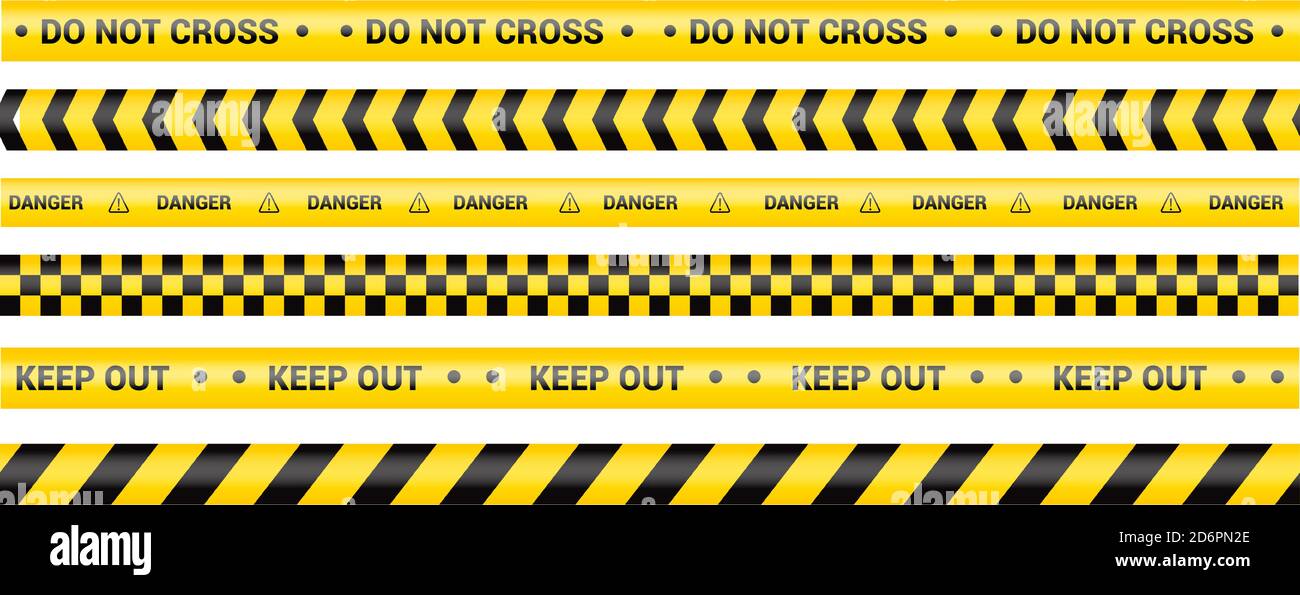 Police tape, crime danger line. Caution police lines isolated. Warning and barricade tapes. Set of yellow warning ribbons. Vector illustration Stock Vector