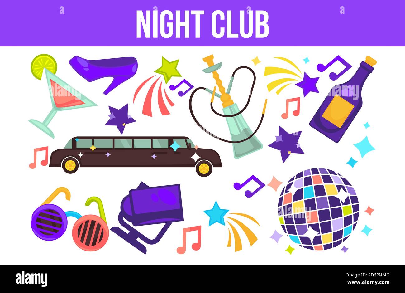Night club partying elements limo and hookah disco ball Stock Vector
