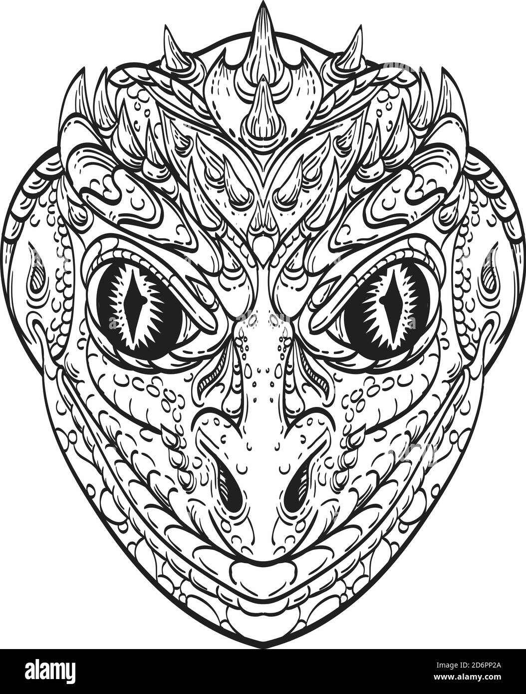 Line art drawing illustration head of a reptilian humanoid or anthropomorphic reptile, legendary creature in myth and folklore part human part lizard Stock Vector