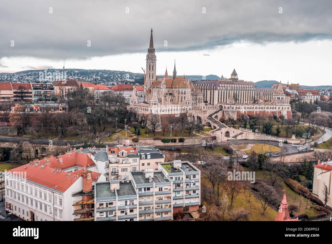 Aerial drone shot of Matthias Church on Buda hill during Budapest ...