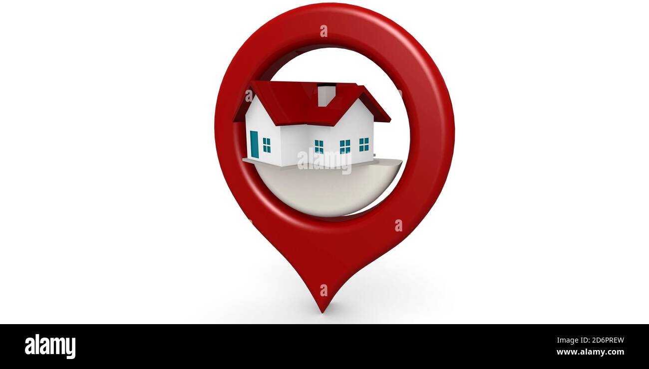 Red house icon locator isolated, 3D rendering Stock Photo