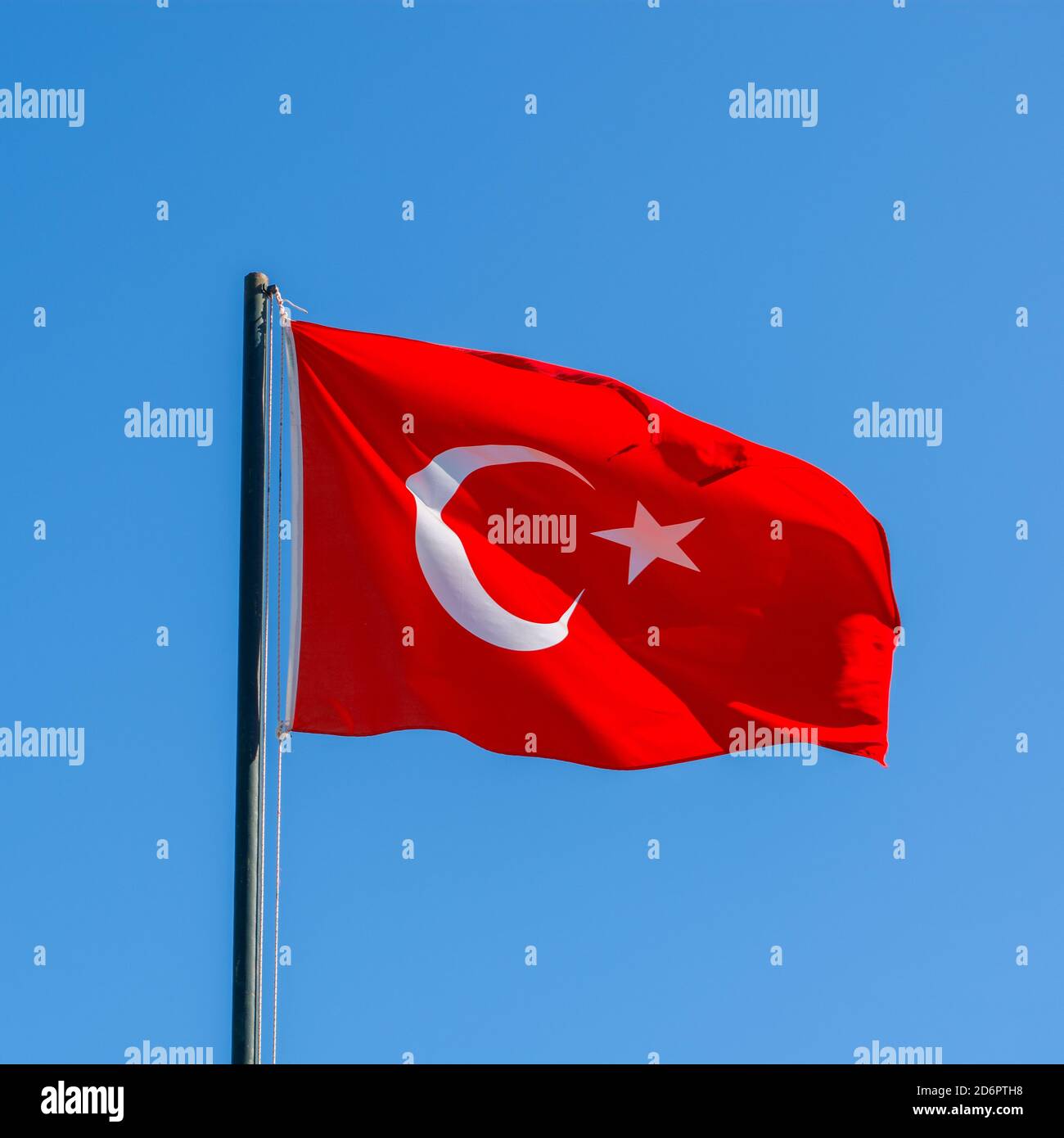 Turkish flag. national flag of Turkey. Flag of Turkey rise waving to the wind with sky in the background. concept of tourism and politics, close up. Stock Photo