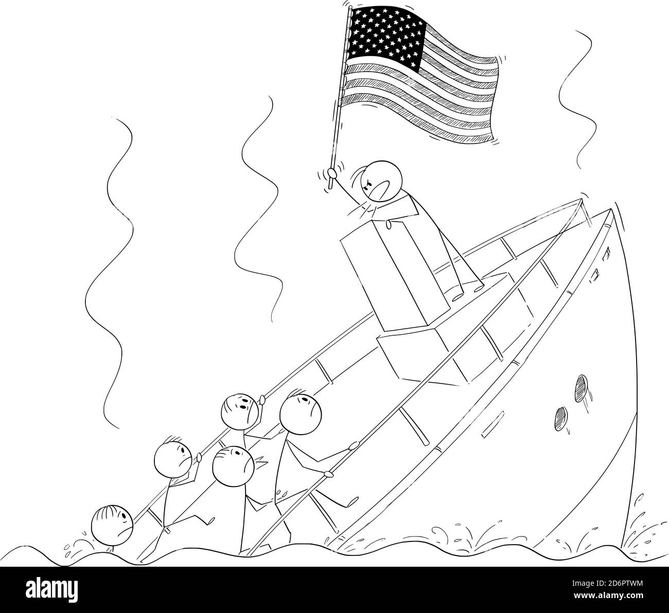 Vector cartoon stick figure illustration of politician or leader holding US flag and talking or having speech, standing behind lectern during ship sinking ignoring the crisis and reality. Stock Vector