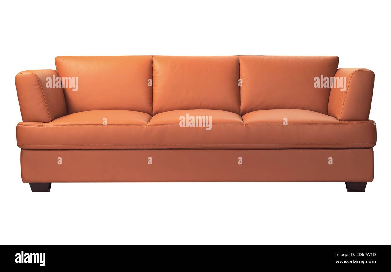 Stylish orange leather sofa isolated on white background Stock Photo
