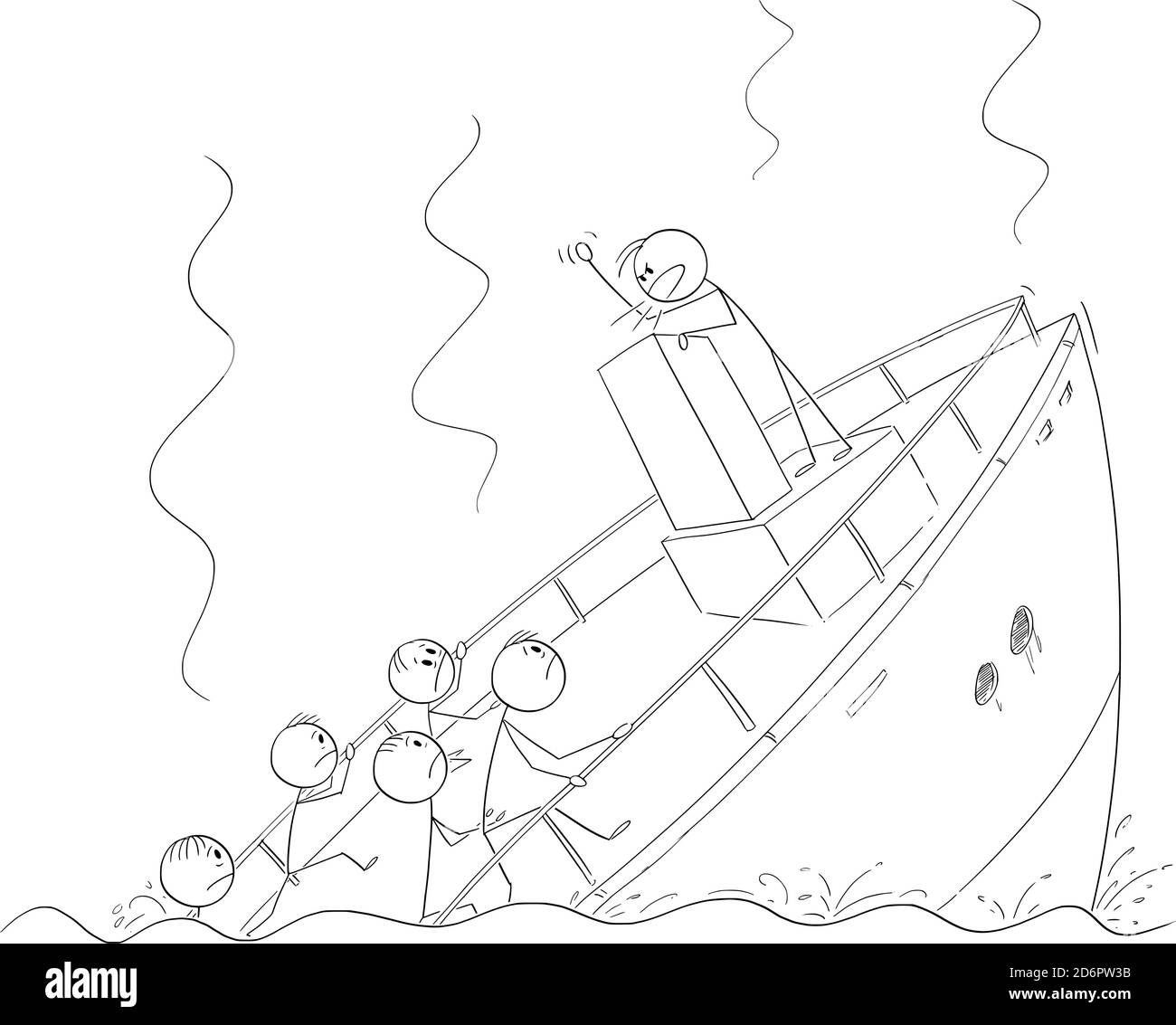 Vector cartoon stick figure illustration of man, politician, leader or businessman talking or having speech standing behind lectern during ship sinking ignoring the crisis and reality. Stock Vector