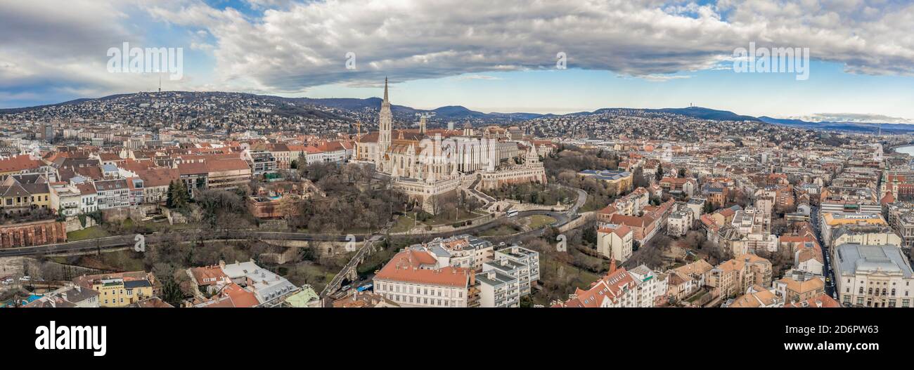 Aerial panoramic drone shot of Fisherman's Bastion on buda Hill in ...
