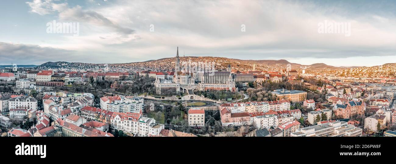 Aerial panoramic drone shot of Fisherman's Bastion on buda Hill in ...