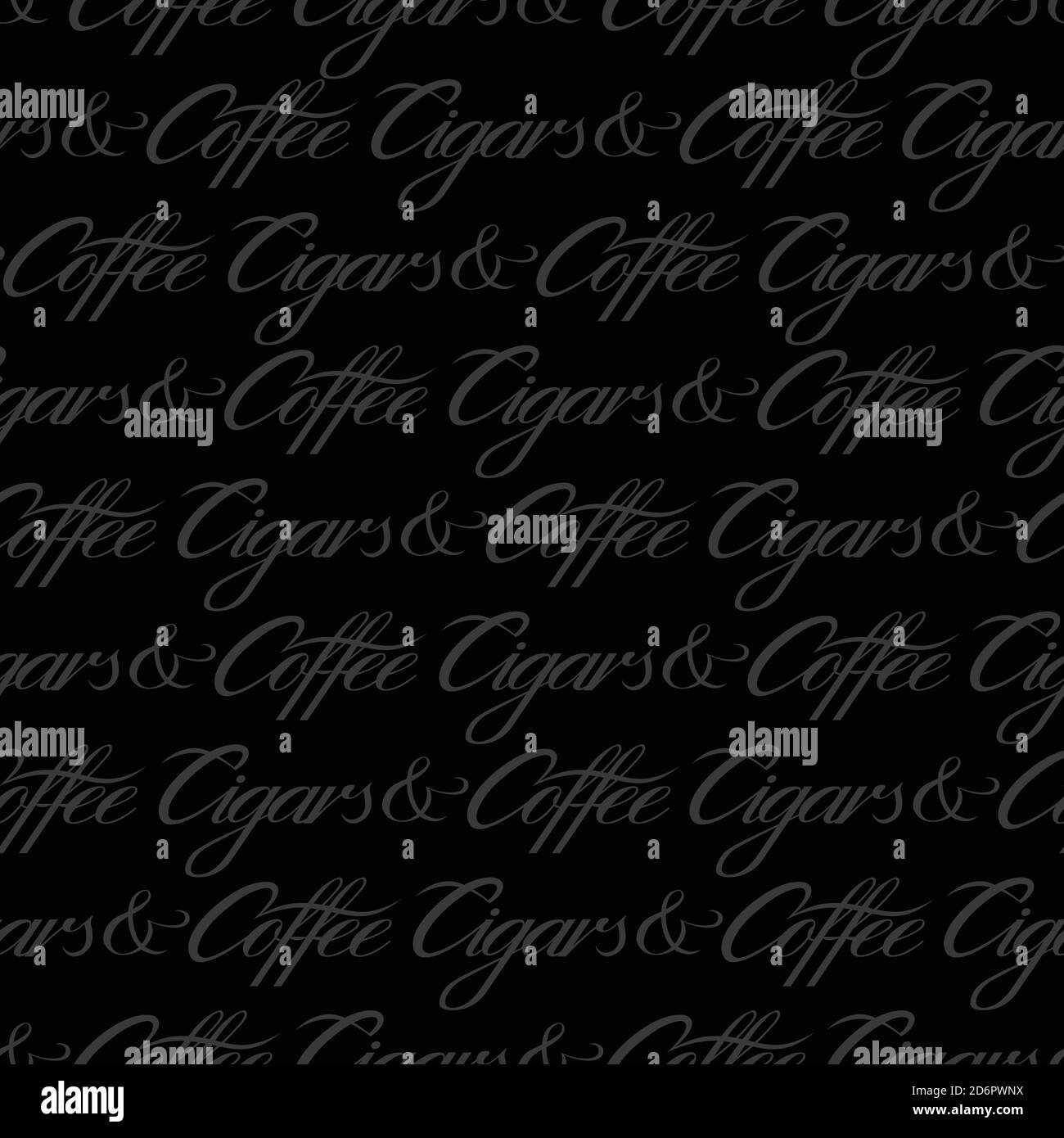 Cigars and coffee seamless pattern. Black subtle repeat pattern. Vector text illustration for surface design, print, poster, icon, web, graphic design Stock Vector