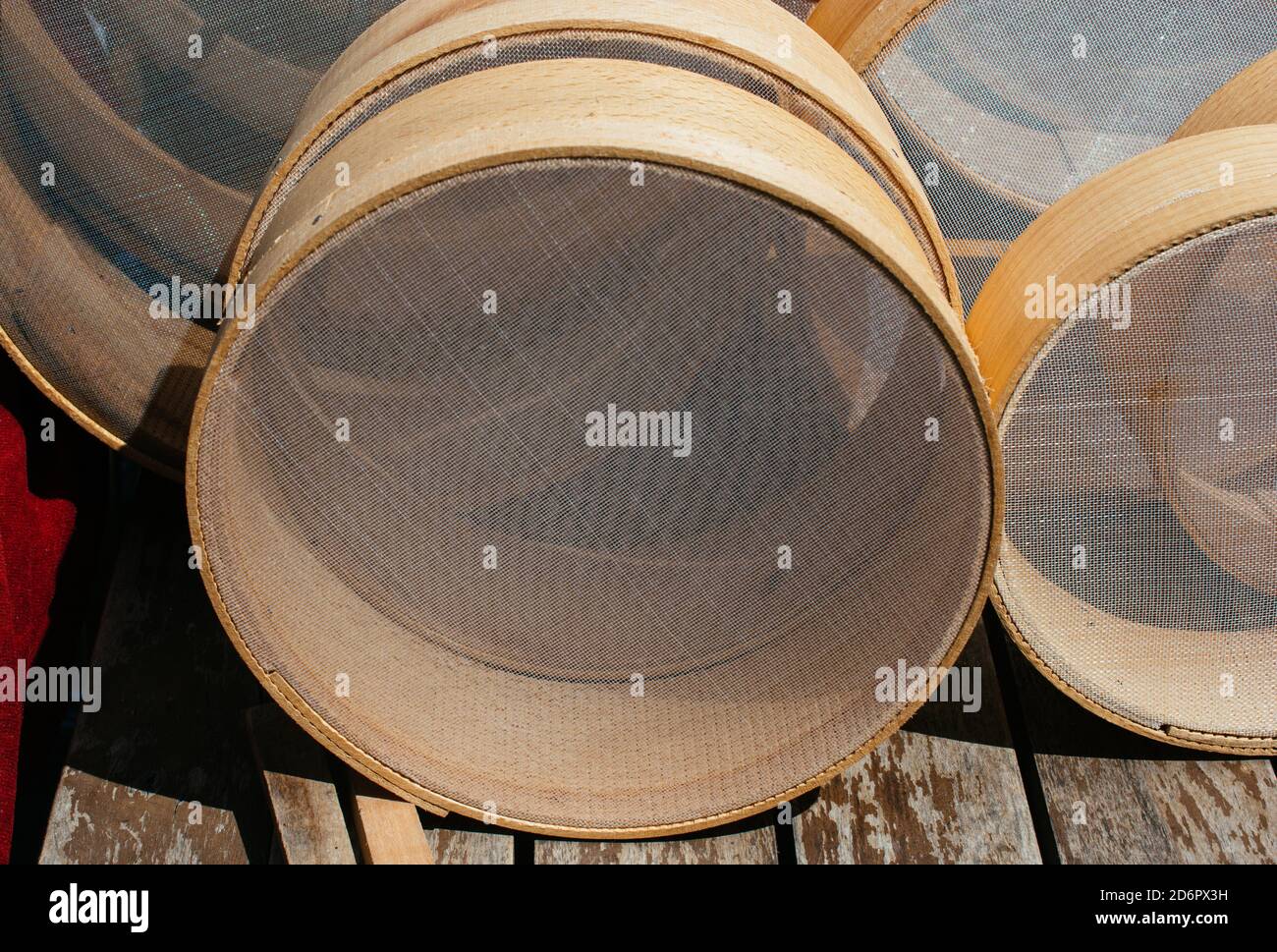 Traditional type sieves made of wood Stock Photo Alamy