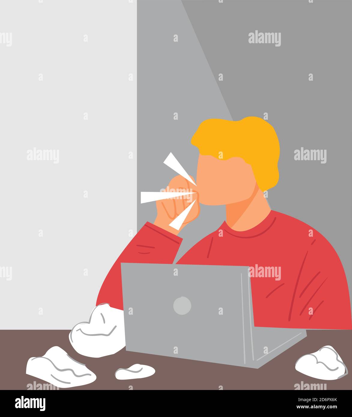 Man working from home or office coughing and sneezing Stock Vector