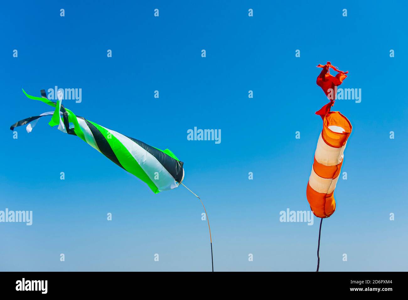 Colorful windsocks. Wind direction markers. Airport equipment Stock