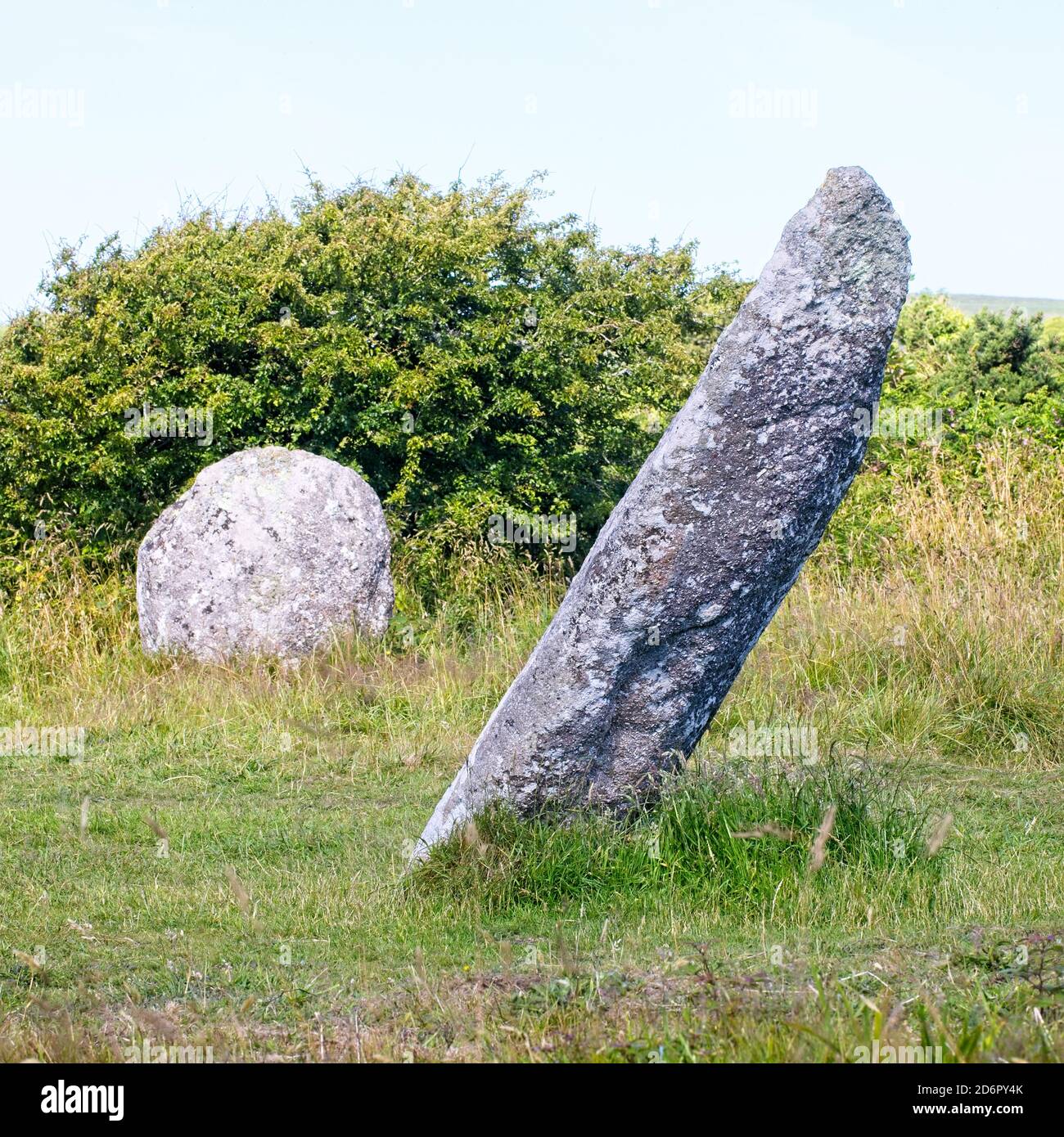 The central leaning stone of the Boscawen-un Stone Circle, a late Neolithic-early Bronze Age (approx. 2500-1500 BC) monument, west Cornwall, England, Stock Photo