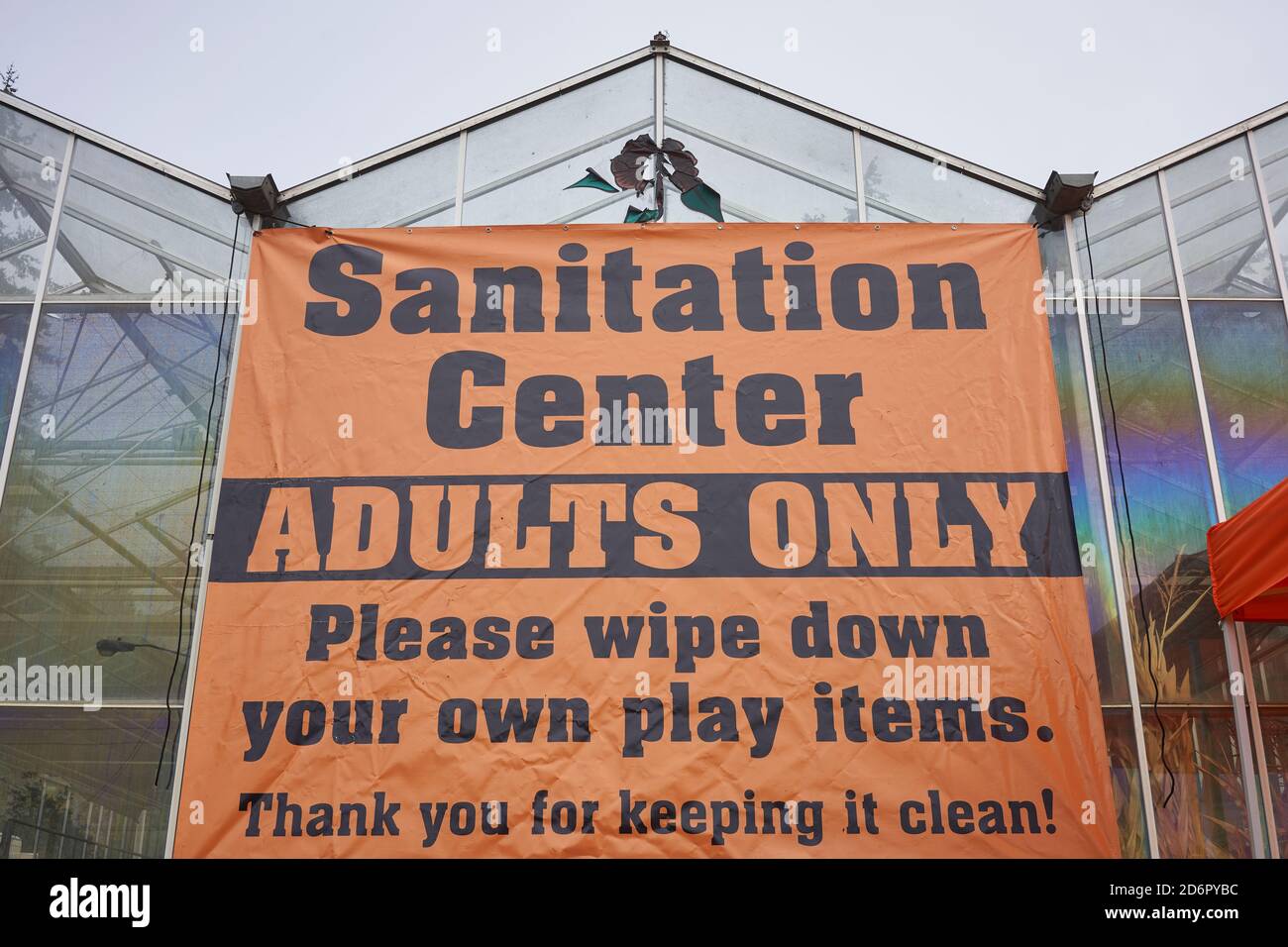 The sanitation station sign in a farm in Aurora, Oregon, reminds