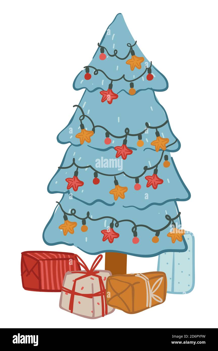 Pine tree decorated with garlands and presents vector Stock Vector