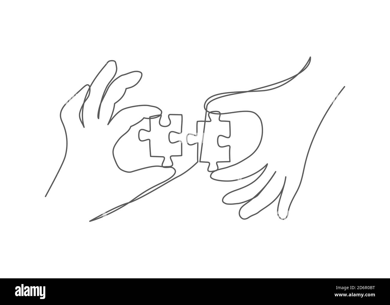 Hands with puzzle One line drawing Vector puzzle in line style on white