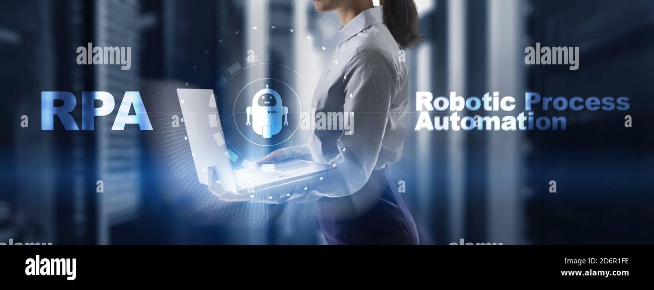 RPA Robotic Process Automation. Technology concept on virtual screen. Ai algorithm analyze Business. Stock Photo