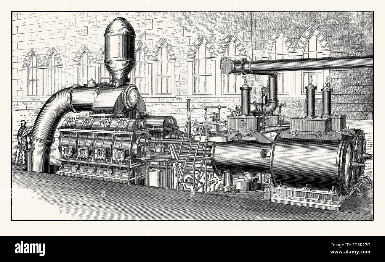 An old engraving showing a Worthington duplex waterworks pumping engine, Newark, New Jersey, USA c.1870. It is from a Victorian mechanical engineering book of the 1880s. Henry Rossiter Worthington (1817–1880) was an American mechanical engineer, inventor and industrialist. He patented the duplex steam pump in 1859 and built the first duplex waterworks engine, widely adopted and used for more than 75 years. Because of their reliability and low operating cost, these pumps were greatly used for waterworks and for pumping oil through long pipe lines. Stock Photo