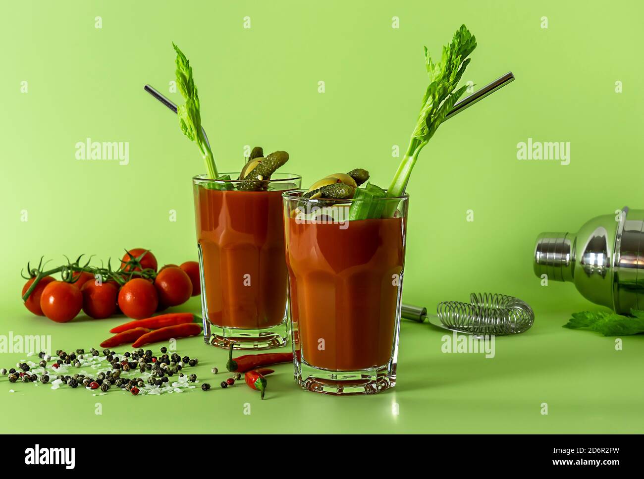 Bloody Mary Cocktail in glasses with garnishes Stock Photo Alamy
