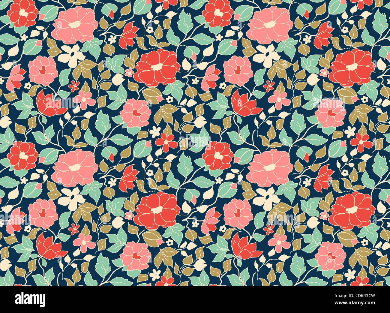 Seamless floral pattern in folk style with wildflowers, leaves. Hand ...