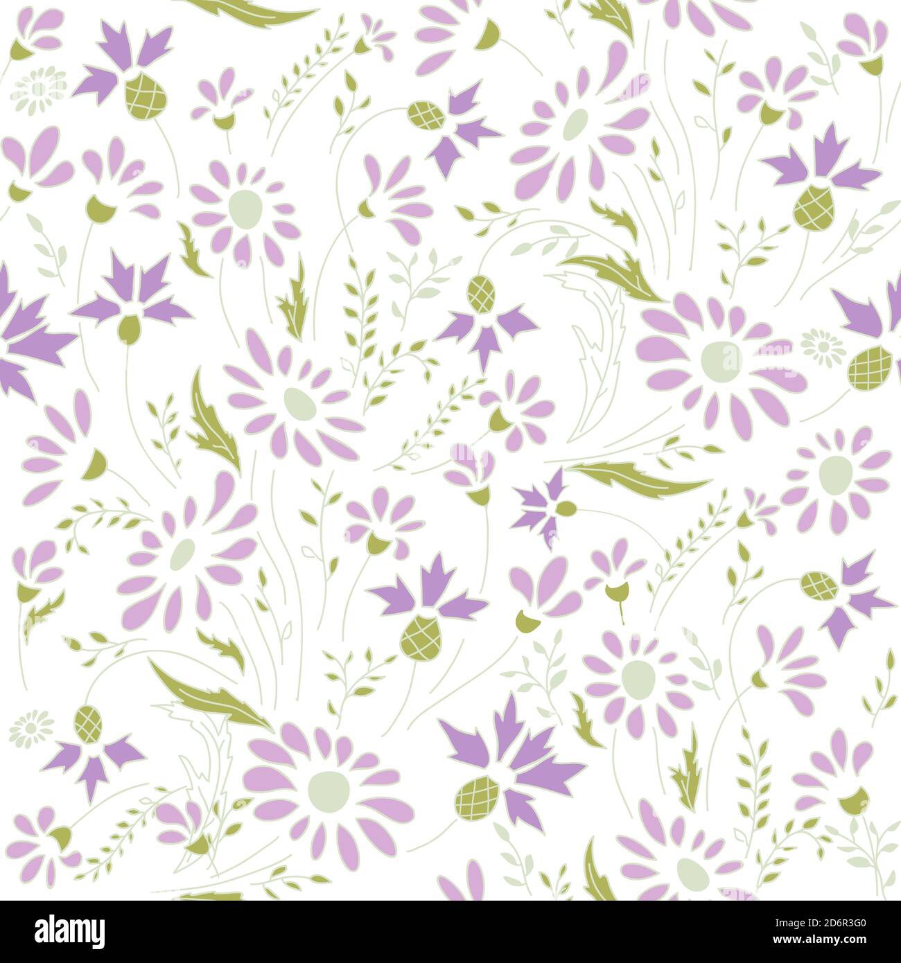 Seamless floral pattern in folk style with wildflowers, leaves. Hand ...