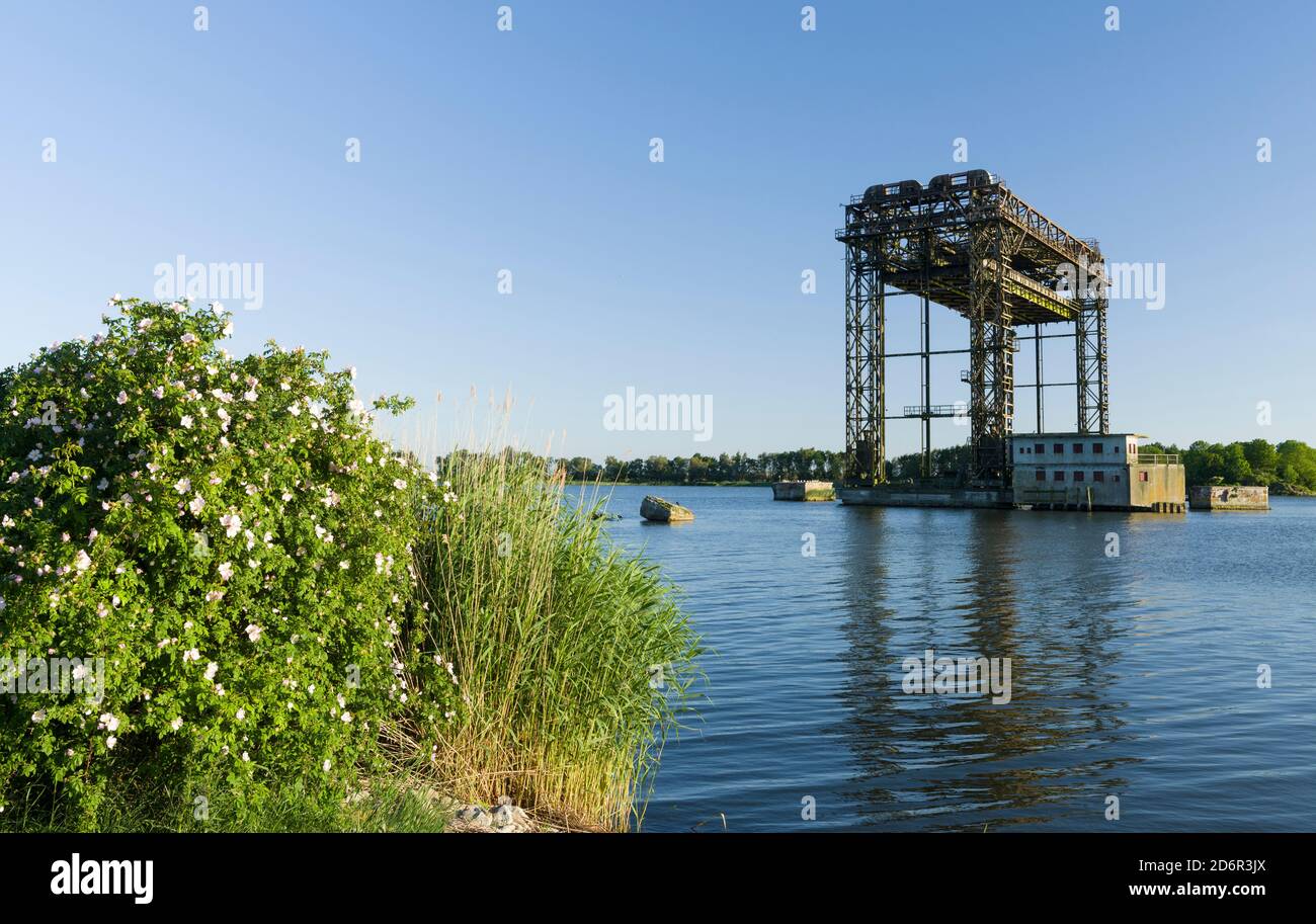 Remains of the lift bridge at Karnin on the island of  Usedom, distroyed in WWII, now a technical monument. Europe,Germany, Mecklenburg-Western Pomera Stock Photo