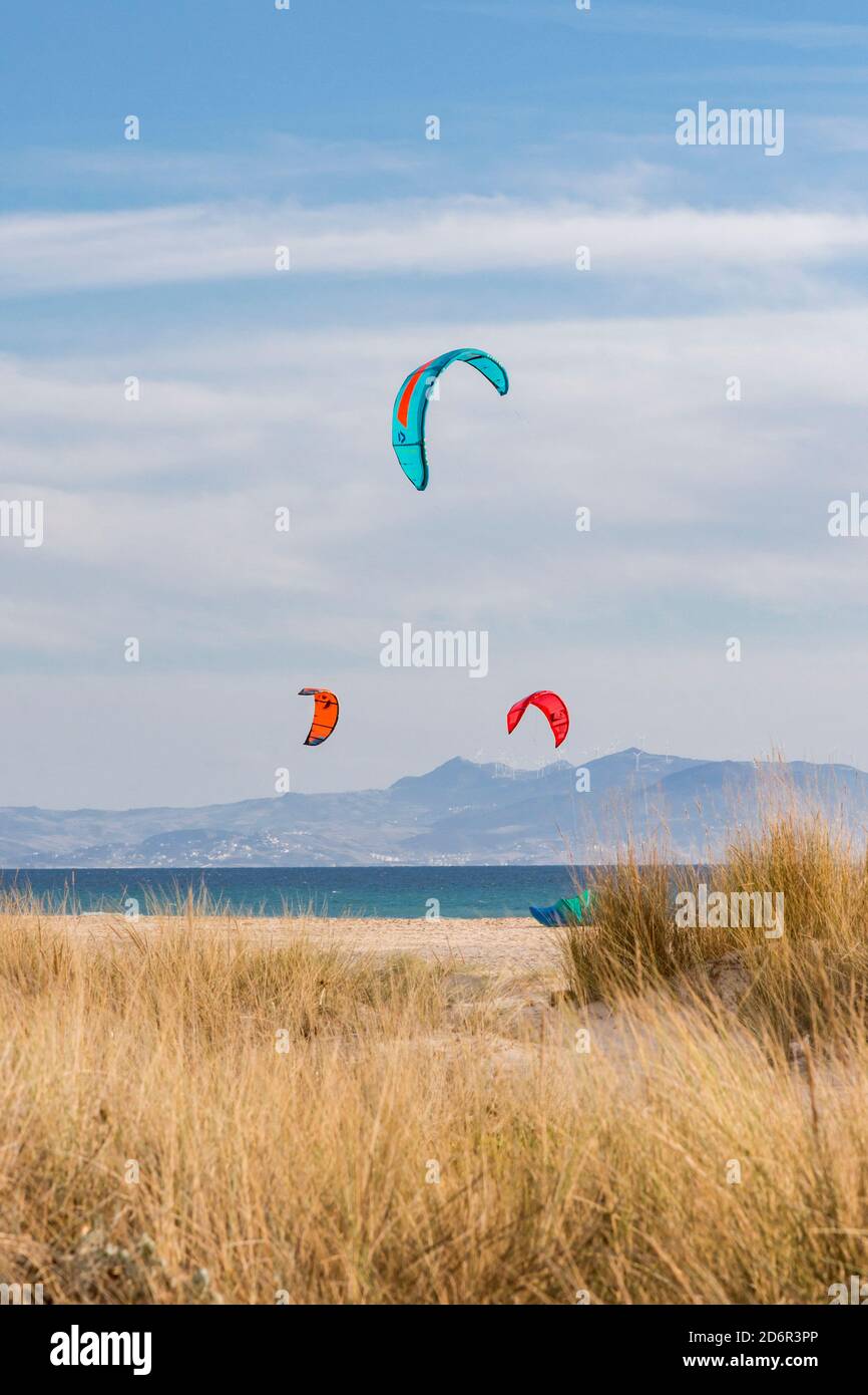 Kites on Los Lances Beach, Tarifa Stock Photo - Alamy