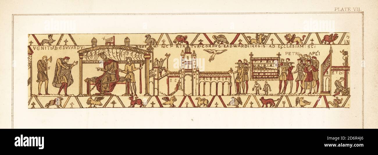 Harold Godwinson meeting King Edward the Confessor of England. King Edward’s funeral procession on a bier to his tomb in St Peter’s at Westminster, 1066. Chromolithograph by William Mossman after an illustration by Charles Stothard made for the Society of Antiquaries in Rev. John Collingwood Bruce’s The Bayeux Tapestry Elucidated, John Russell Smith, London, 1856. Stock Photo