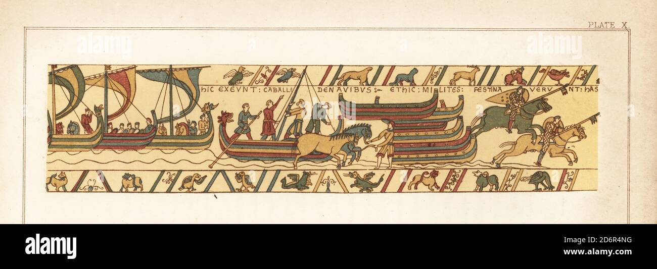 The Norman flotilla under William, Duke of Normandy, arrives at Pevensey, the horses disembark, and cavalry gallop to Hastings to seize food. Chromolithograph by William Mossman after an illustration by Charles Stothard made for the Society of Antiquaries in Rev. John Collingwood Bruce’s The Bayeux Tapestry Elucidated, John Russell Smith, London, 1856. Stock Photo