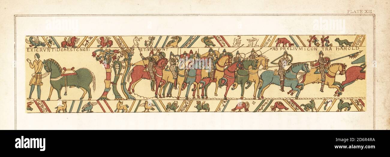 The Norman cavalry under William, Duke of Normandy, advance toward the Saxons at the Battle of Hastings. Chromolithograph by William Mossman after an illustration by Charles Stothard made for the Society of Antiquaries in Rev. John Collingwood Bruce’s The Bayeux Tapestry Elucidated, John Russell Smith, London, 1856. Stock Photo