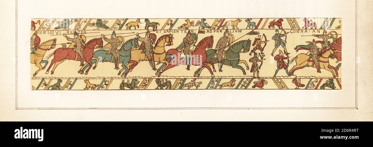 The Norman cavalry preceded by archers on foot attack the English army at the Battle of Hastings. Chromolithograph by William Mossman after an illustration by Charles Stothard made for the Society of Antiquaries in Rev. John Collingwood Bruce’s The Bayeux Tapestry Elucidated, John Russell Smith, London, 1856. Stock Photo