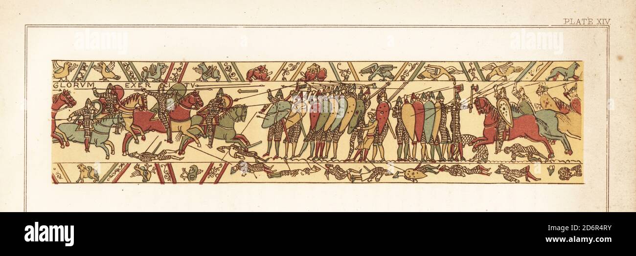 Norman cavalry charge the English infantry at the Battle of Hastings. Dead and wounded lie all around. Chromolithograph by William Mossman after an illustration by Charles Stothard made for the Society of Antiquaries in Rev. John Collingwood Bruce’s The Bayeux Tapestry Elucidated, John Russell Smith, London, 1856. Stock Photo
