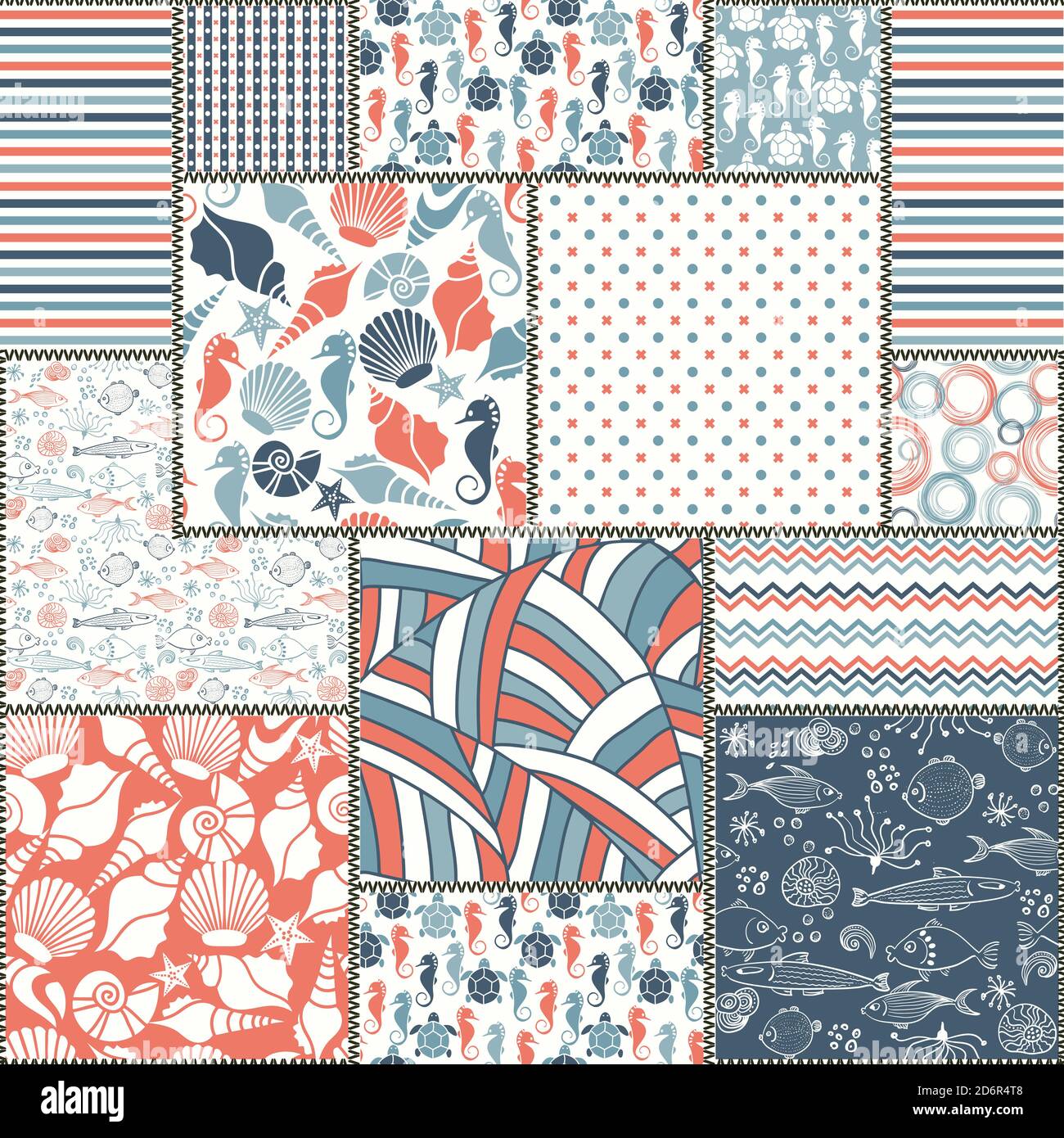 Seamless abstract colorful patchwork pattern from flowers and geometric ornamental patches in folk style. Hand drawn background in retro colors Stock Vector