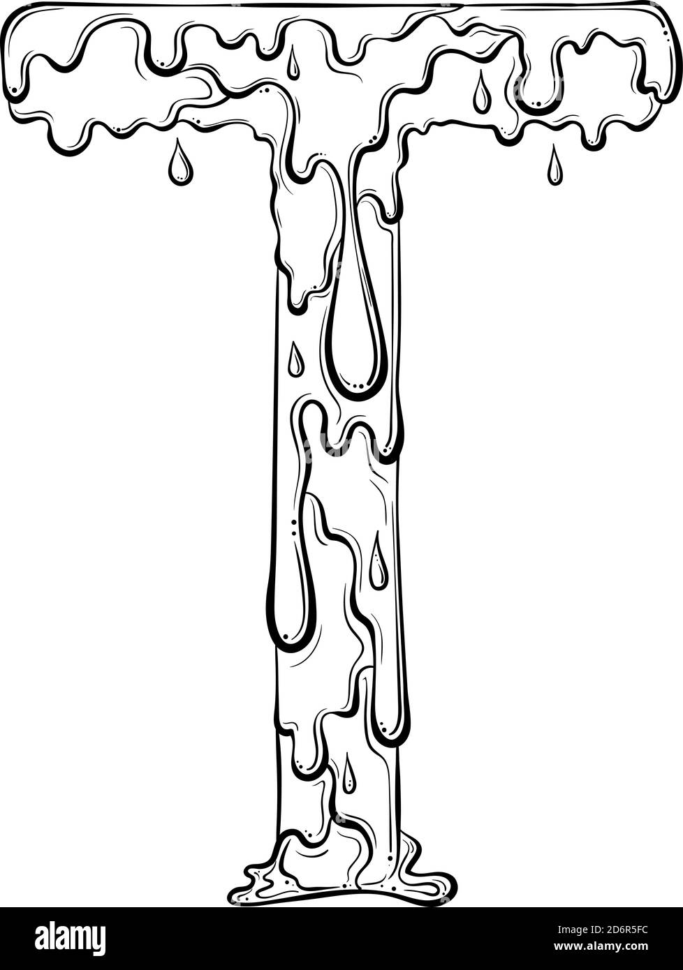 Letter T with flow drops and goo splash. Dripping liquid symbol. Vector trendy font made in hand drawn line art style isolated on white background. Slime logo or initial letter. Stock Vector