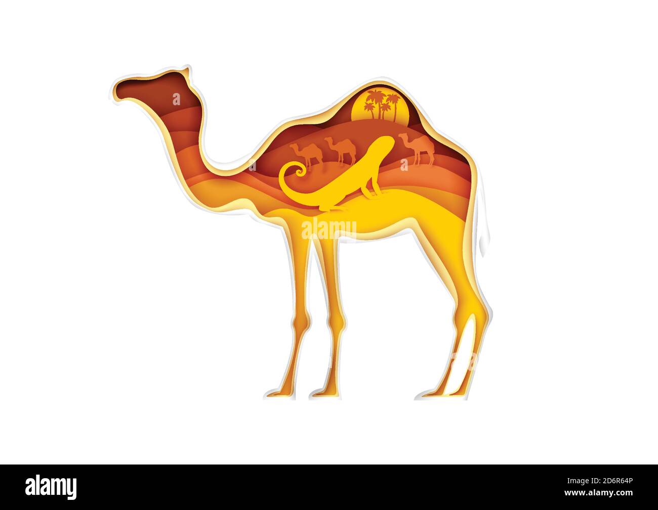 Camel silhouette with Sahara desert landscape, lizard, caravan inside, vector illustration in paper art style. Stock Vector