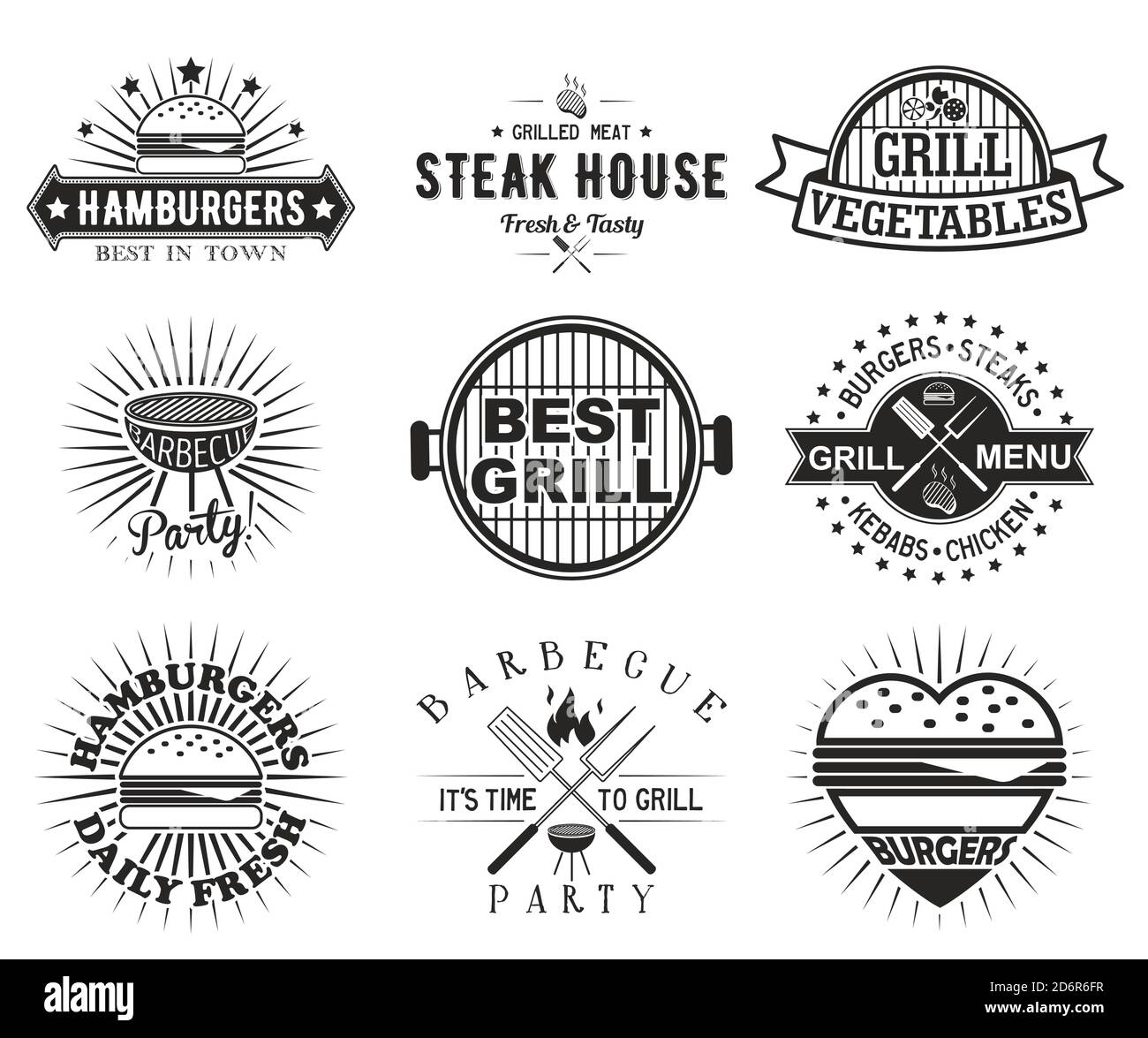 Grill or bbq vintage label, badge set, vector illustration. Barbecue ...