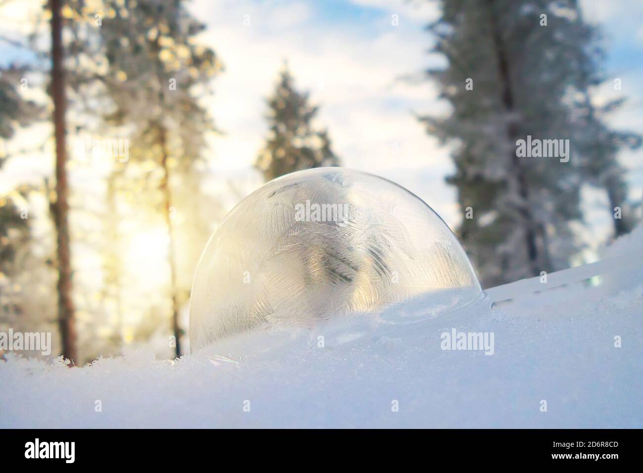 Close up of a frozen sop bubble in the snow in winter Stock Photo